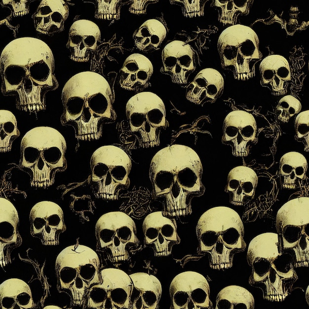 Photo seamless pattern with skulls looking out of the dark background with human skulls in grunge style graphic print for clothing fabric wallpaper wrapping paper