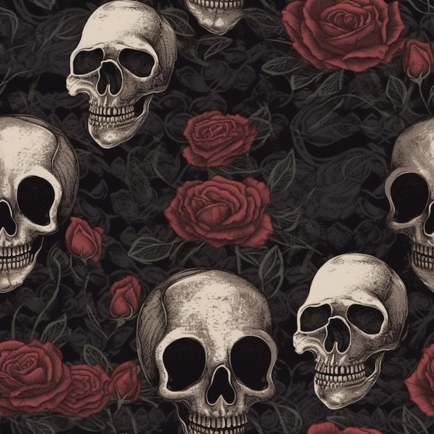 Seamless pattern with skulls and roses on a black background.