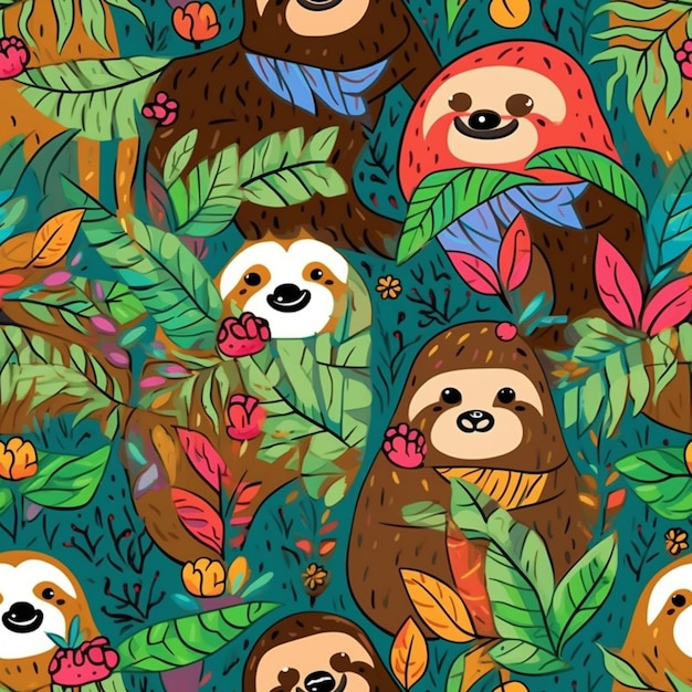 Seamless pattern with sloths in the jungle.