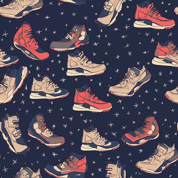 Seamless pattern with sneakers and stars on a dark background