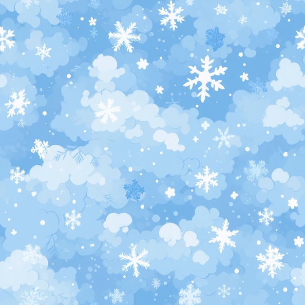 Seamless pattern with snowflakes and clouds on blue background