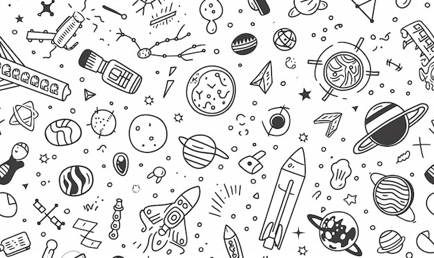 seamless pattern with space theme doodle illustration white background cute illustration