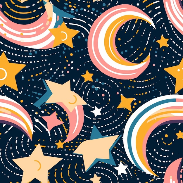 Seamless pattern with stars and moon on a dark background.