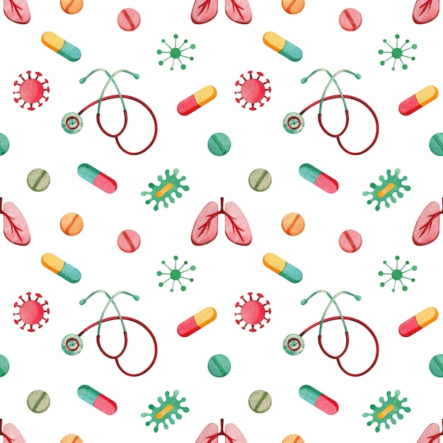 seamless pattern with stethoscope with viruses and pills