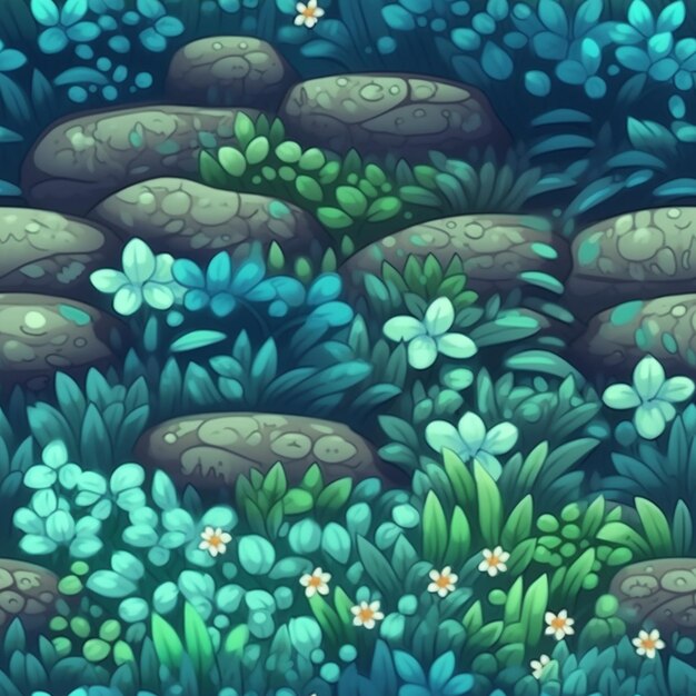 Seamless pattern with stones and flowers on a dark background.