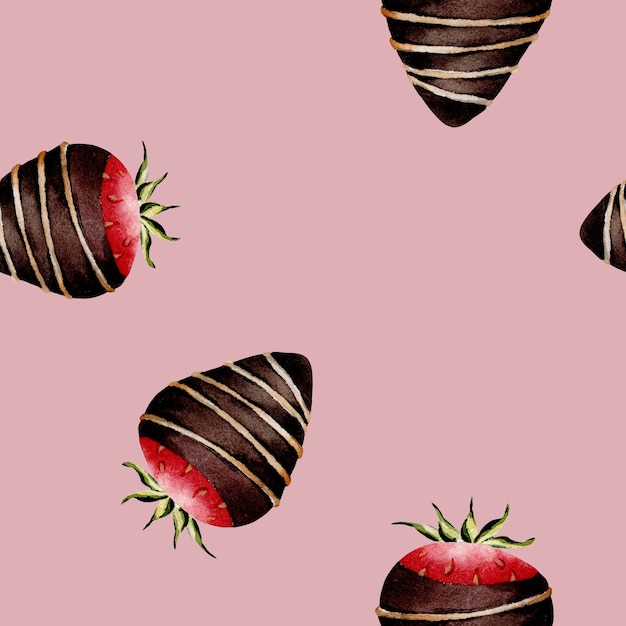 Photo seamless pattern with strawberries in chocolate valentine's day watercolor