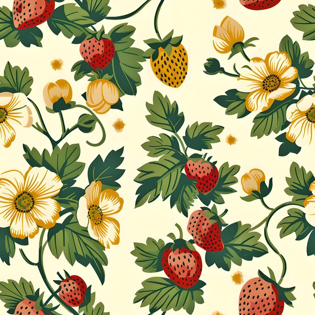 Photo seamless pattern with strawberries and flowers on a light background vintage style illustration ideal for textiles wallpapers and gift wrap designs ai