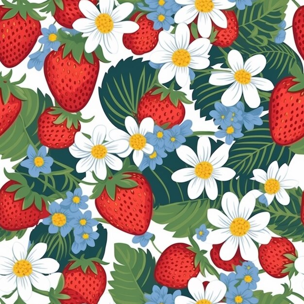 Photo seamless pattern with strawberries and flowers on a white background.