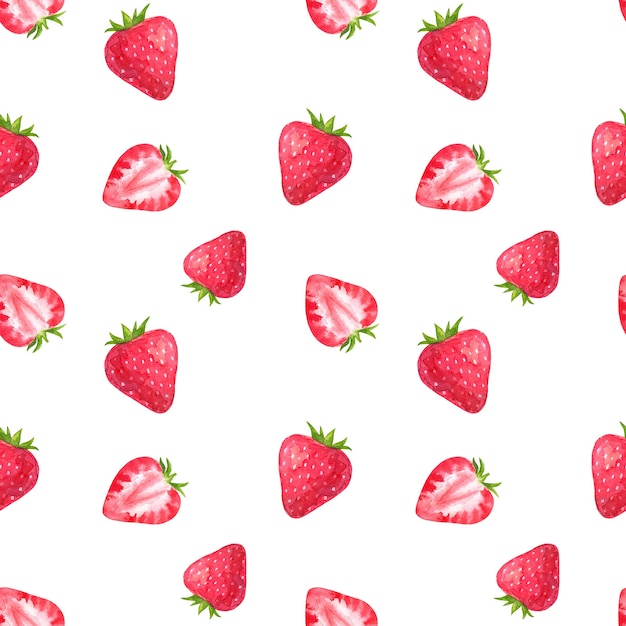 Seamless pattern with strawberry. Hand drawn watercolor illustration. Isolated on white wall.