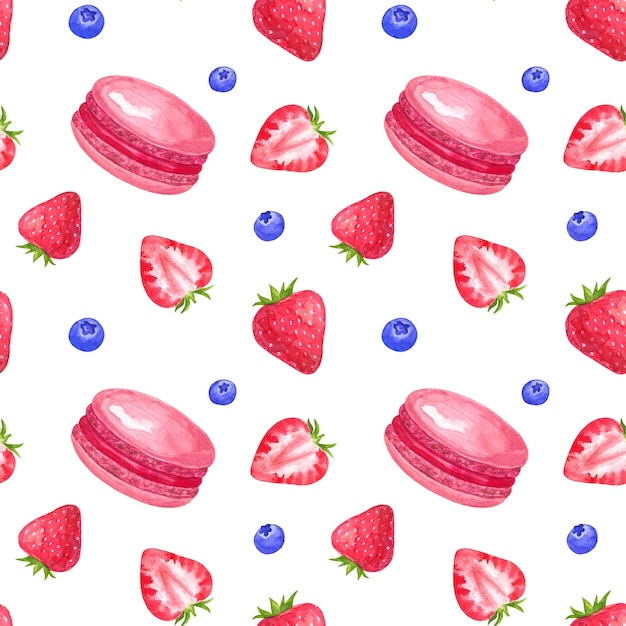 Seamless pattern with strawberry and macaroons. Hand drawn watercolor illustration. Isolated on white wall.