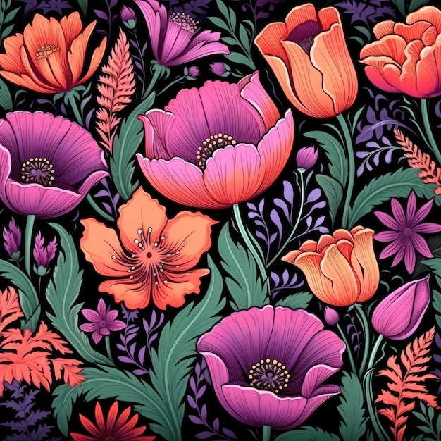 スタイライズされた花のシームレスなパターン 手描きのイラスト