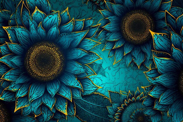 Seamless pattern with sunflowers on a blue background