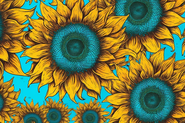 Seamless pattern with sunflowers on a blue background