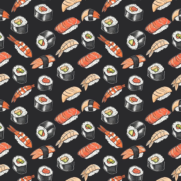 Фото Бесперебойный рисунок с суши и рулонами на черном фоне фон с рулонами суши