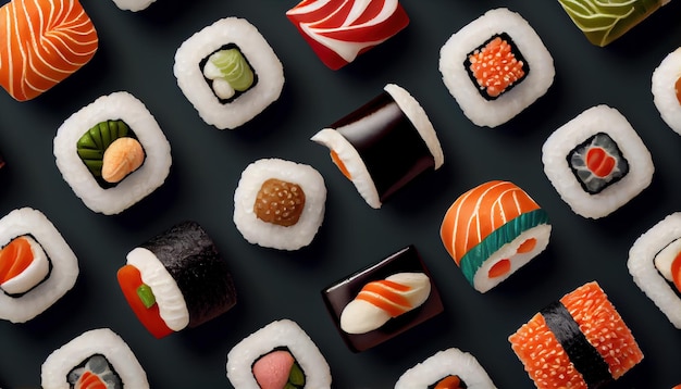 Seamless pattern with sushi Food abstract background Sushi on the black background Al generated