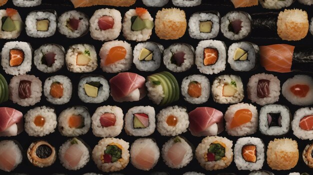 Seamless pattern with sushi Food abstract background Sushi on the black background Al generated