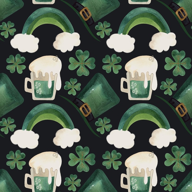 Photo seamless pattern with symbols of ireland wrapping paper for st patricks day watercolor in vintage