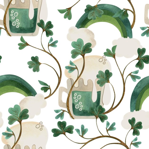 Seamless pattern with symbols of Ireland Wrapping paper for St Patricks Day Watercolor