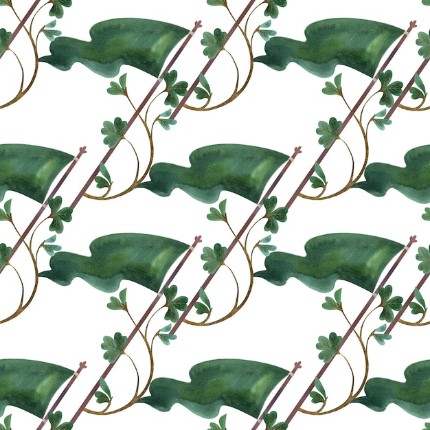 Seamless pattern with symbols of Ireland Wrapping paper for St Patricks Day Watercolor