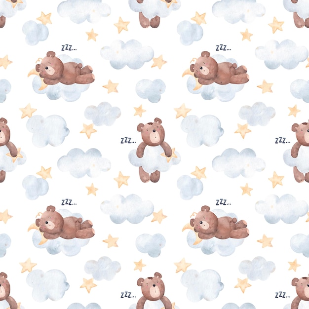 Seamless pattern with teddy bears on clouds moon and stars Watercolor illustration Creative childish texture for fabric wrapping textile wallpaper apparel