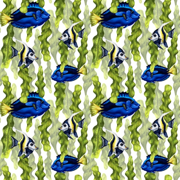 Seamless pattern with thickets of seaweed and blue exotic fish Background for textiles fabrics