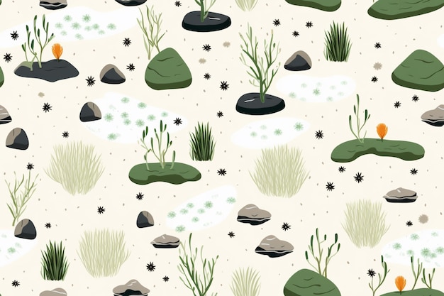 Seamless pattern with trees bushes and rocks