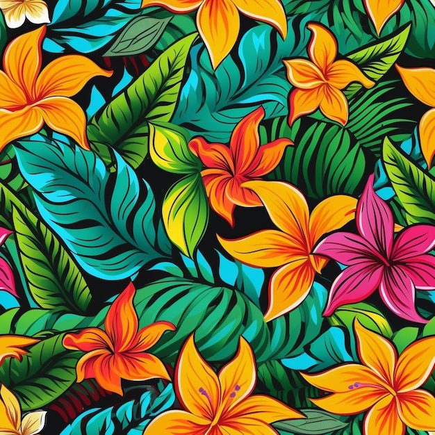 Seamless pattern with tropical flowers on a black background.