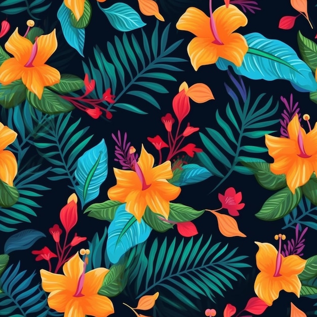 Seamless pattern with tropical flowers and leaves on a dark background.