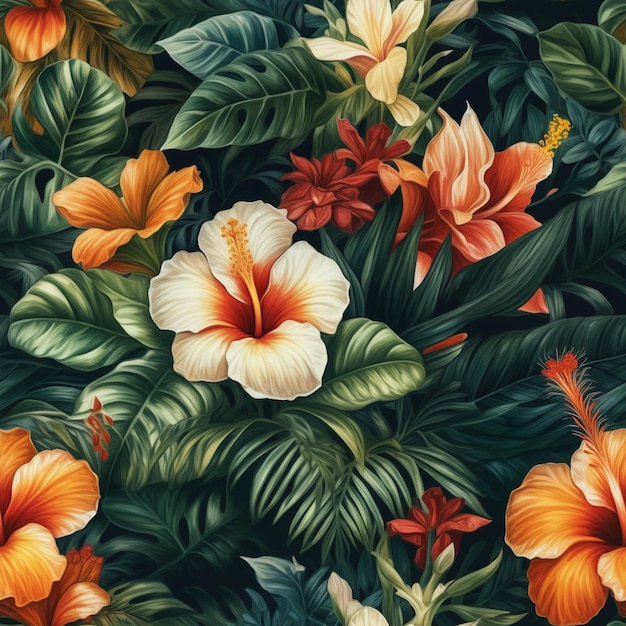 A seamless pattern with tropical flowers and leaves.