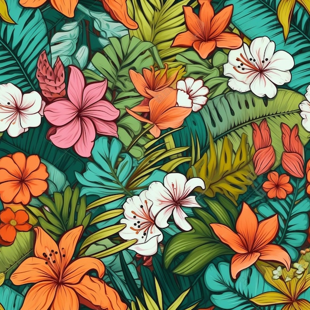A seamless pattern with tropical flowers and leaves.