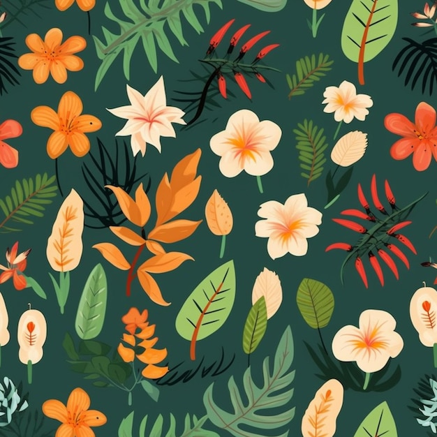 A seamless pattern with tropical flowers and leaves.