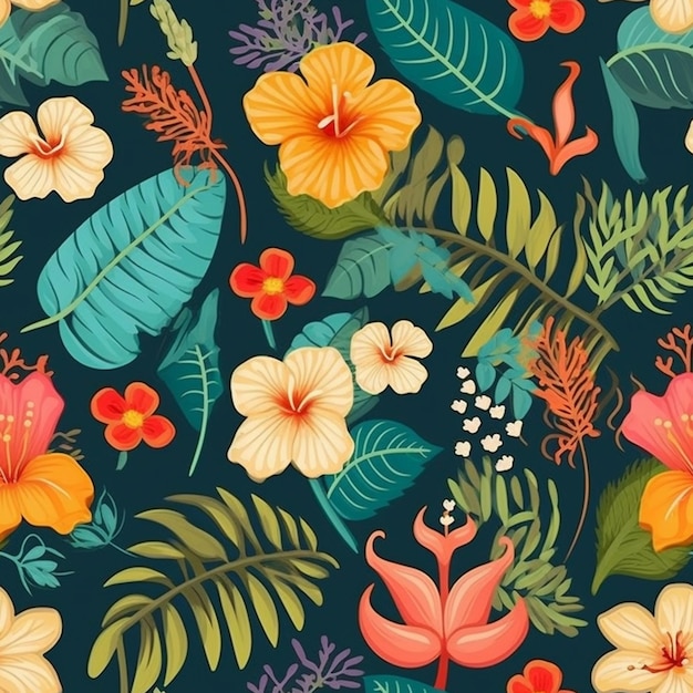 A seamless pattern with tropical flowers and leaves.