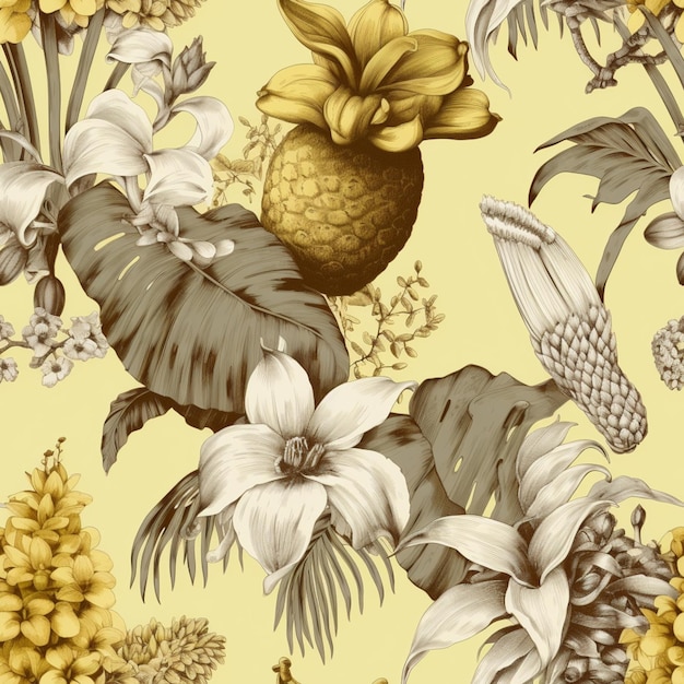 Seamless pattern with tropical flowers and tropical plants.