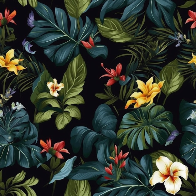 사진 검은 배경에 열대 잎과 꽃이 있는 매끄러운 패턴입니다.