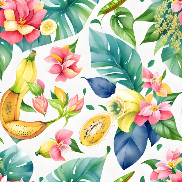 A seamless pattern with tropical leaves and bananas.