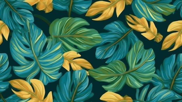 A seamless pattern with tropical leaves on a dark background.