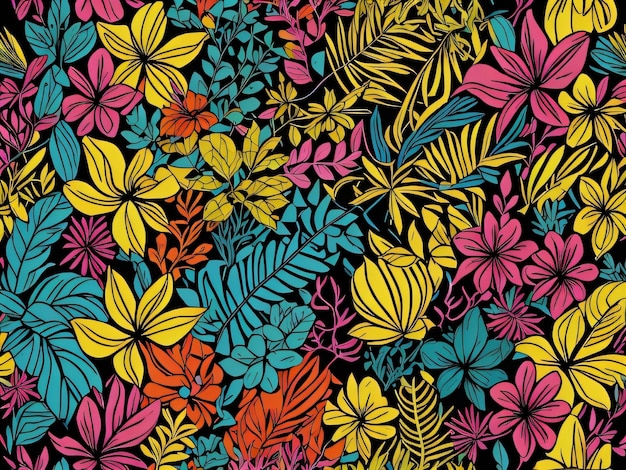 A seamless pattern with tropical leaves and flowers.