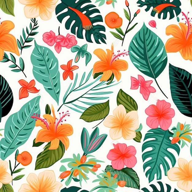 A seamless pattern with tropical leaves and flowers.