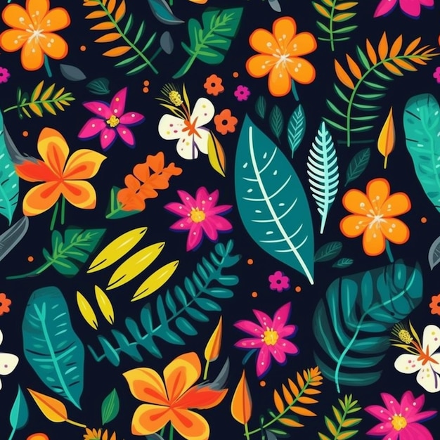 A seamless pattern with tropical leaves and flowers.