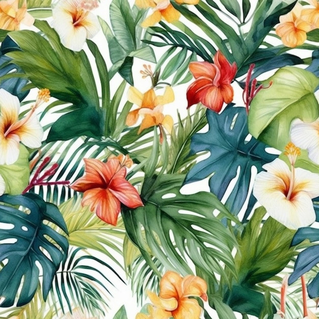 A seamless pattern with tropical leaves and flowers.