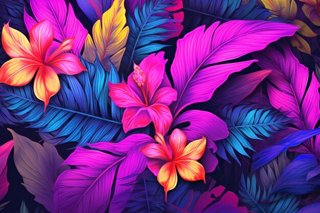 Seamless pattern with tropical leaves and hibiscus flowers