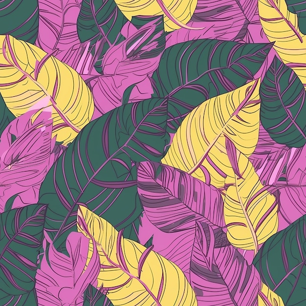 Seamless pattern with tropical leaves on a pink background.