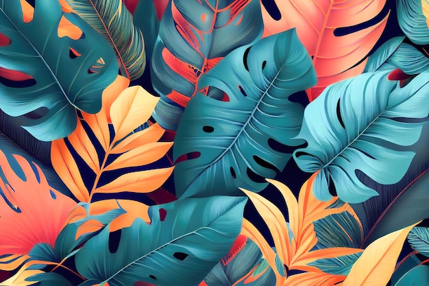 A seamless pattern with tropical leaves and plants.
