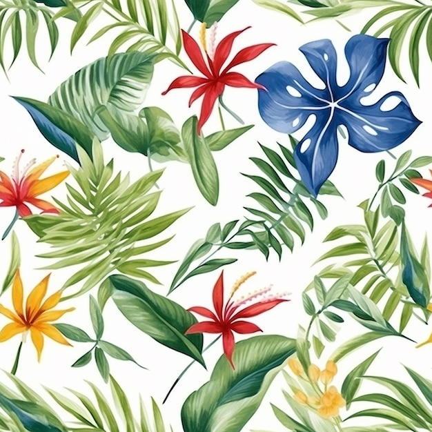 Seamless pattern with tropical leaves on a white background