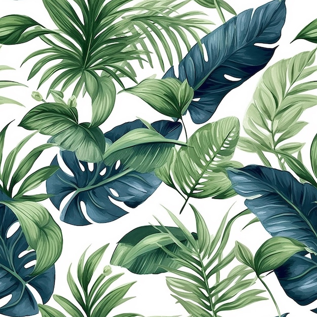 Seamless pattern with tropical leaves on a white background