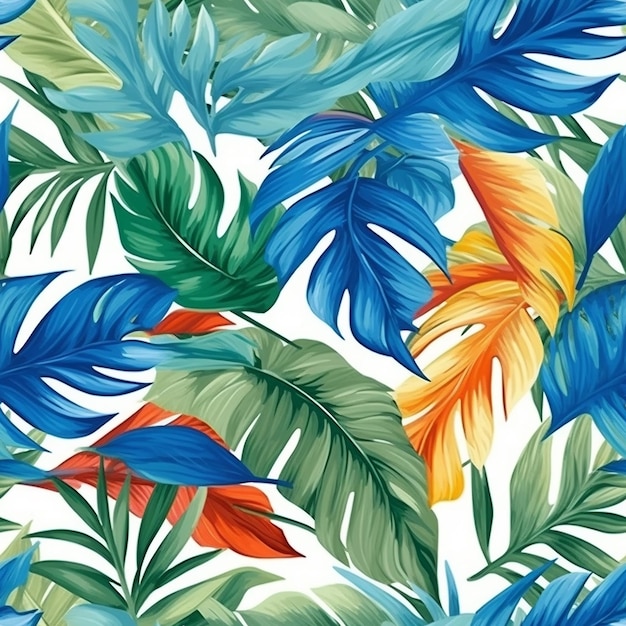 Seamless pattern with tropical leaves on a white background