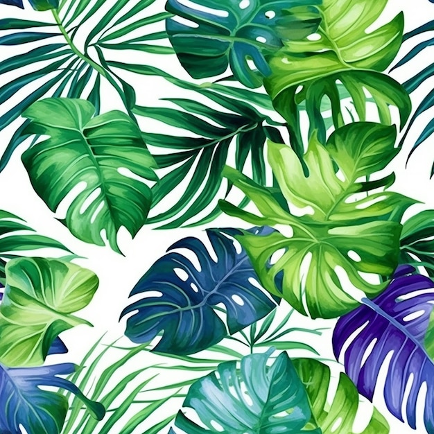 Photo seamless pattern with tropical leaves on a white background