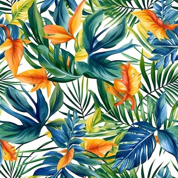 Seamless pattern with tropical leaves on a white background