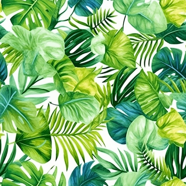 白い背景に熱帯の葉とのシームレスなパターン