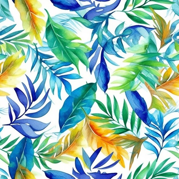 Seamless pattern with tropical leaves on a white background